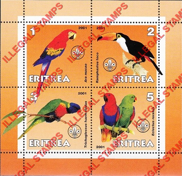 Eritrea 2001 Parrots Counterfeit Illegal Stamp Souvenir Sheet of 4 Eritrea 2001 Parrots Counterfeit Illegal Stamp Souvenir Sheet of 4